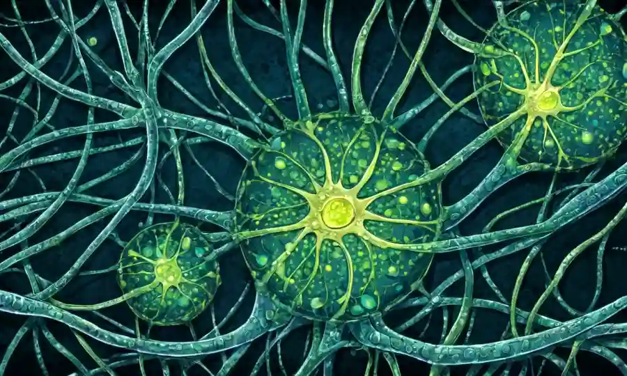 Una vista microscópica de células vegetales que muestran tejido interconectado con tubos diminutos (plasmodesmos) destacando relaciones simbióticas.