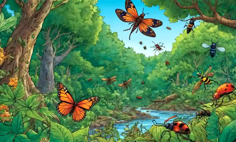 Los árboles y los insectos coexisten entre la vegetación exuberante, destacando el mutualismo en la naturaleza.