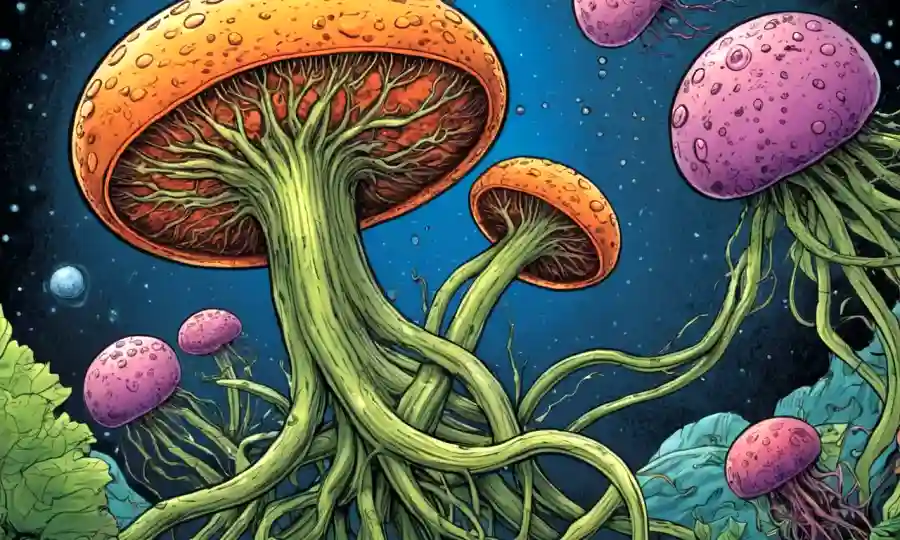 Ilustración de dos organismos conectados por microorganismos