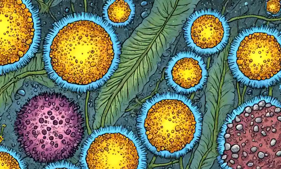 Una imagen microscópica que muestra esporas y polen interactuando en una superficie vegetal.