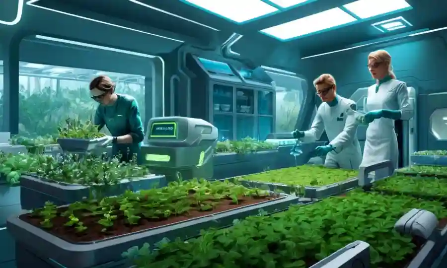 Jardineros recolectando muestras de plantas en un banco de germoplasma futurista.
