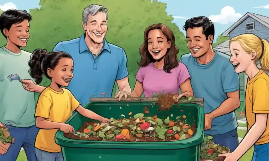 Imagen de una familia feliz añadiendo chatarras a un cubo de compost en casa.