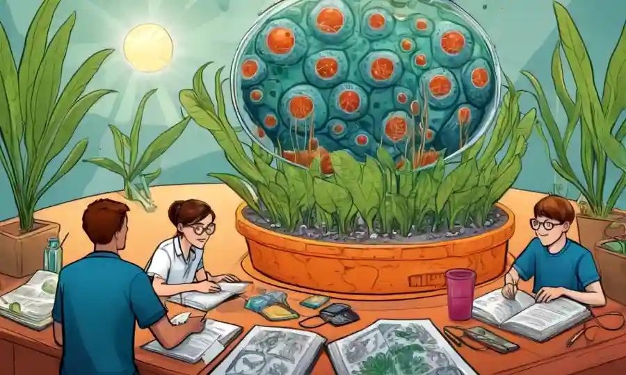 Ilustración de la vida microscópica dentro de una célula vegetal, con estudiantes que estudian en el fondo.