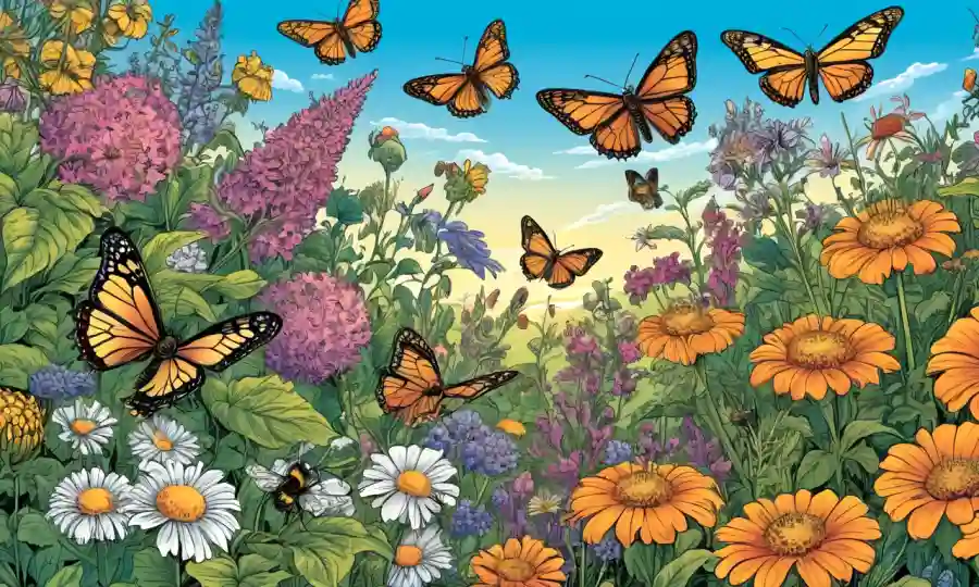 Una ilustración colorida de varios insectos polinizadores (abejas, mariposas, etc.) rodeados de flores de jardín.