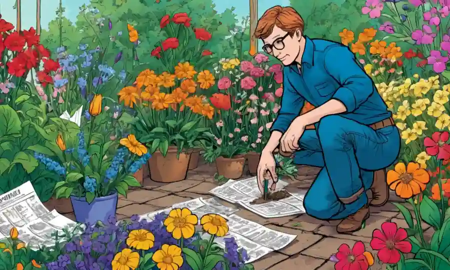 Un jardinero arrodillado entre flores vibrantes