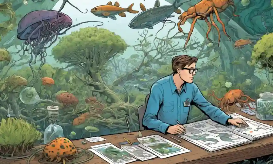 Científico examinando un ecosistema simbiótico rodeado de diagramas de conservación.