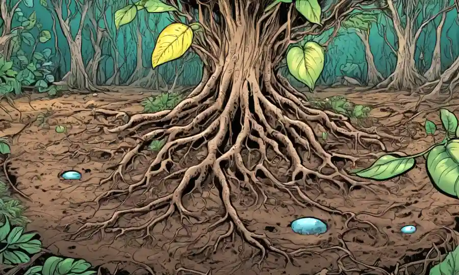 Los organismos de suelo microscópico ilustrados entre raíces y hojas exuberantes.