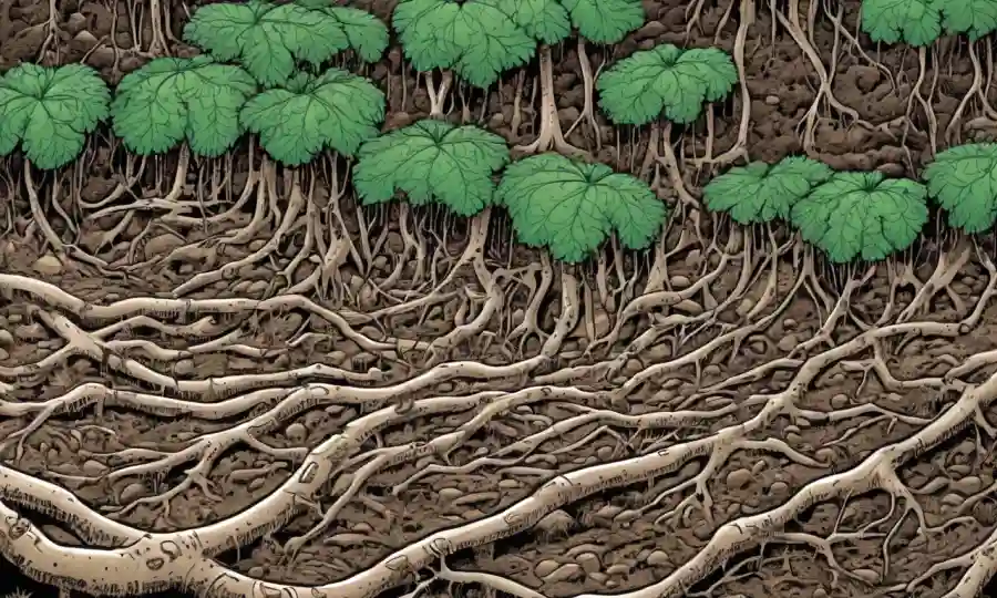 Ilustración de la red de Myco-hyphal entre las raíces de las plantas, destacando las interacciones entre suelo-microbe-planta.