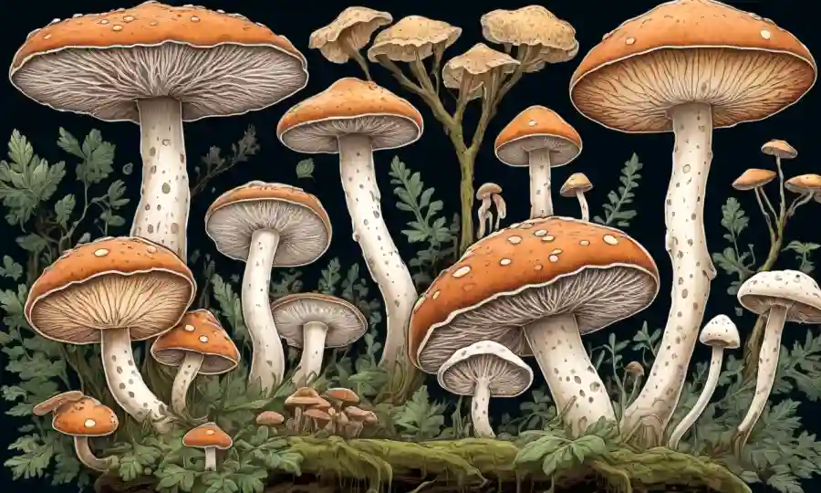 Una vista de cerca de varias etapas de vida de hongos y micelio, destacando los ciclos de crecimiento y su papel en la reproducción de esporas.