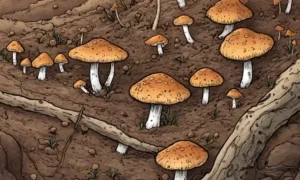 Cierre de hongos micelium filtrando pequeñas partículas en suelo.