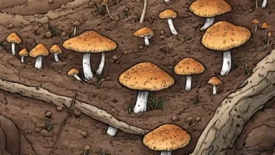 Cierre de hongos micelium filtrando pequeñas partículas en suelo.