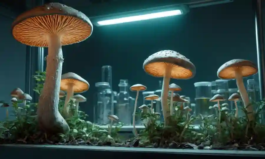 Crecimiento de setas afectado por la intensidad de la luz en un entorno de laboratorio.