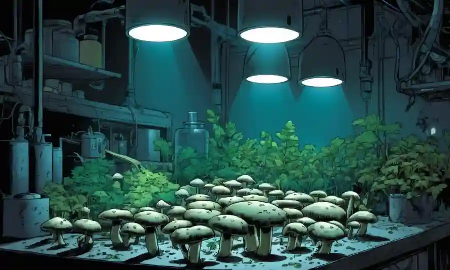 Una escena de laboratorio donde los hongos crecen en diversas condiciones de iluminación.