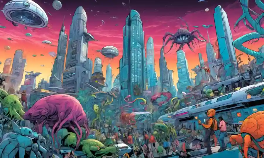 Artistas rodeados de criaturas simbióticas en un paisaje urbano colorido y futurista.
