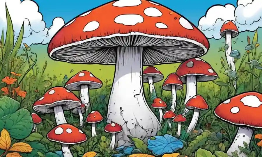 Un hongo creciendo en medio de piezas de rompecabezas o objetos rotos resolviendo en armonía.