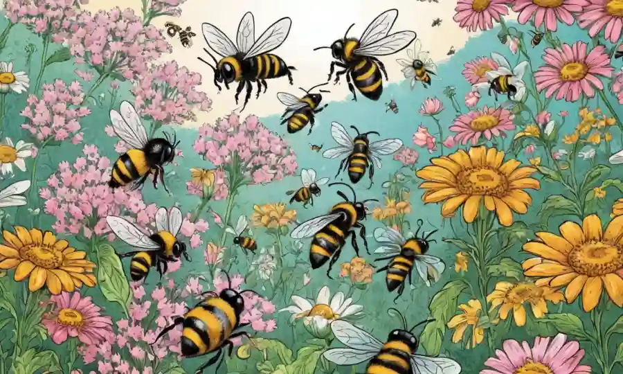 Varias especies animales interactuando simbióticamente, como las abejas recolectando néctar de flores.