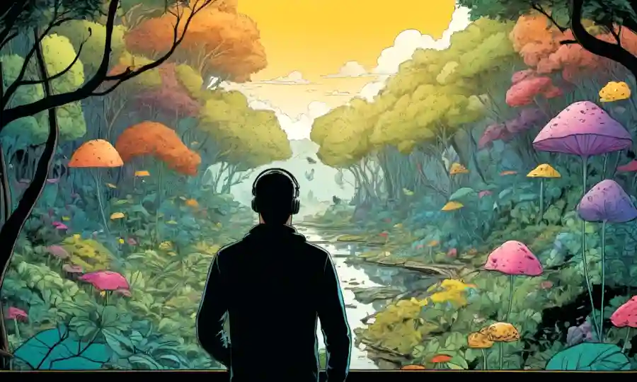 Persona observando una instalación de arte inmersiva mezclando naturaleza e imaginación.