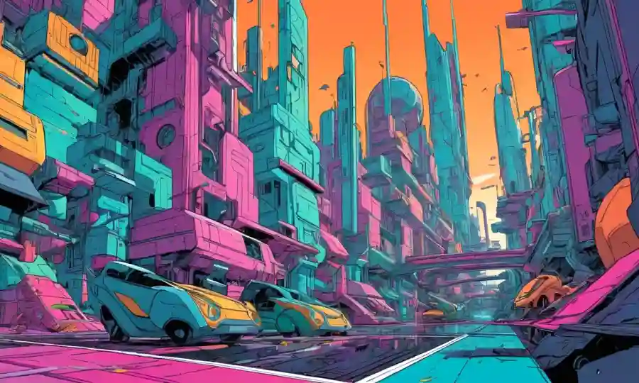 Colores vibrantes y formas orgánicas superpuestas en un futurista paisaje urbano.