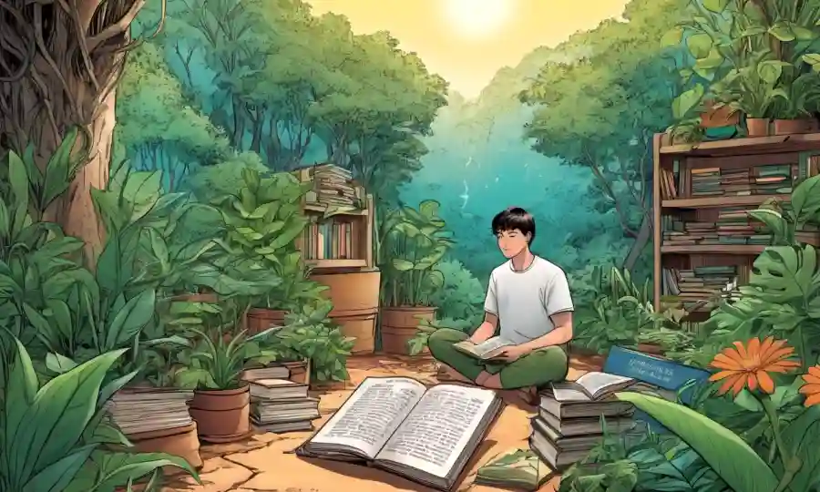 Una persona sentada en medio de un entorno natural, rodeada de plantas y libros, con una cita inspiradora destacando la importancia del entorno en las conexiones humanas.