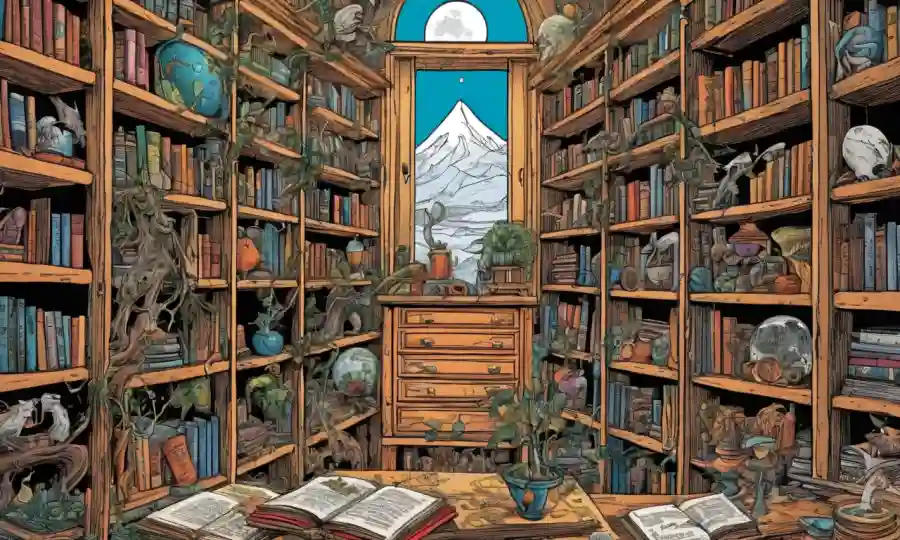 Estantes llenos de literatura sobre simbiosis rodeada de ilustraciones y diagramas.