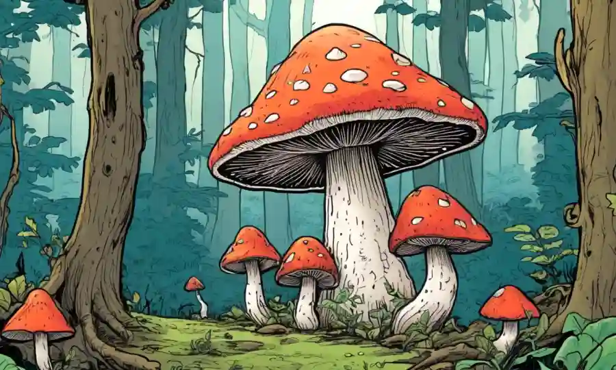 Setas creciendo junto con árboles, destacando la relación simbiótica entre hongos y plantas en un ecosistema.