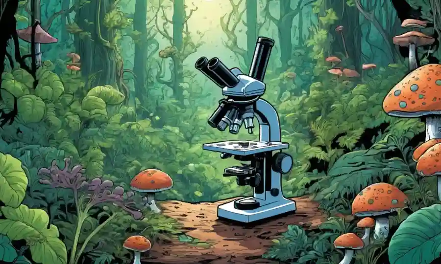 Un microscopio revela hongos interconectados y plantas en un exuberante ecosistema forestal.