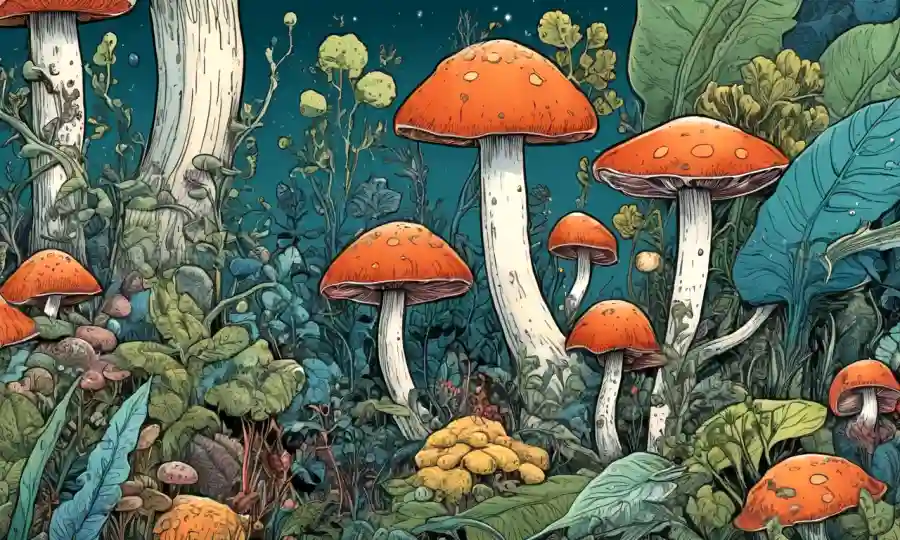 Ilustración de hongos interactuando con plantas o animales, con elementos microscópicos destacados.