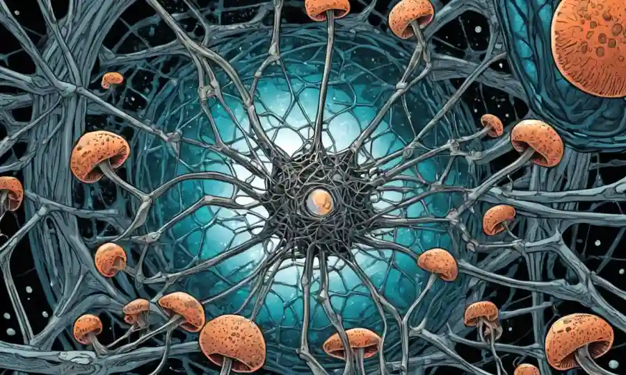 Un microscopio o una ilustración de hongos rodeado de formas interconectadas como la web para la simbiosis.