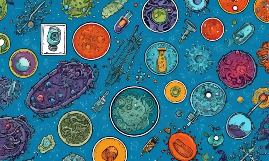 Imagen microscopio de varios microorganismos rodeados de iconos médicos y científicos.