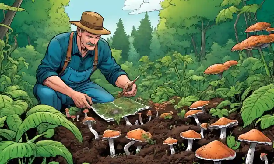 Un granjero que examina muestras de hongos en medio de plantas verdes y suelos exuberantes.