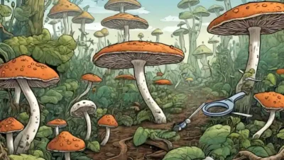 Ilustraciones de hongos rodeados de conceptos ecológicos y herramientas de laboratorio.