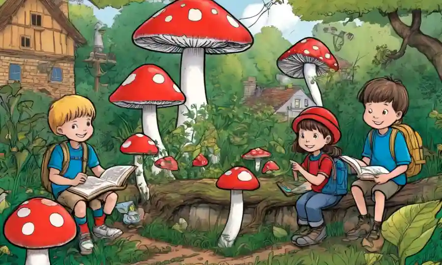 Setas que crecen entre los niños que los estudian al aire libre, rodeados de símbolos de conservación y educación.
