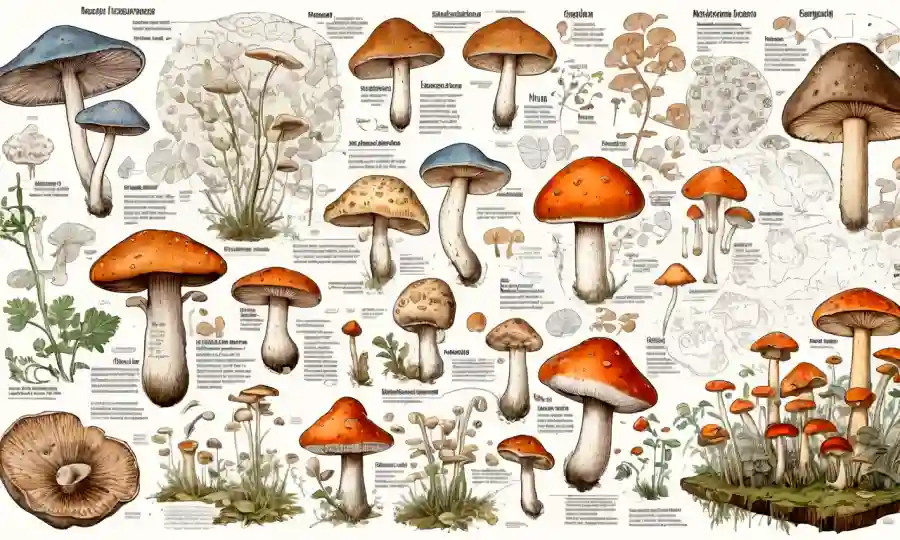 Muestras de setas rodeadas de diagramas científicos y gráficos de investigación sobre la evolución del hongo.