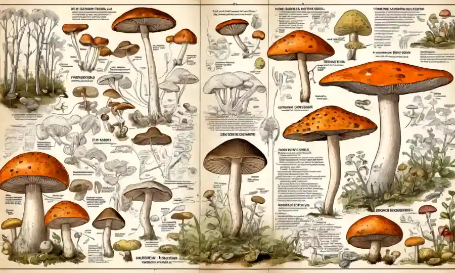 Imágenes cercanas de hongos acompañadas de diagramas y superposiciones de texto científico.