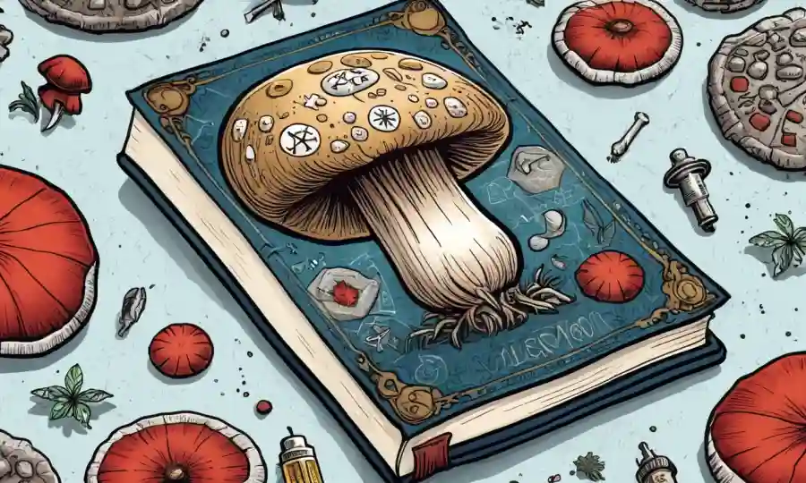 Una ilustración de hongos rodeada de símbolos médicos en una cubierta de libros médicos.