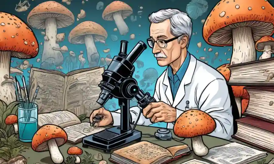 Científico que estudia hongos bajo microscopio rodeado de textos médicos.