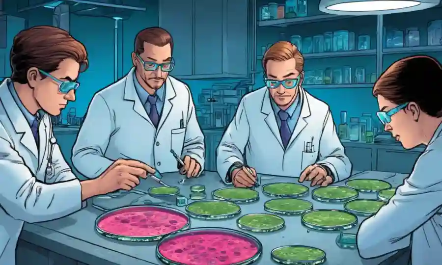 Microbiólogos que estudian platos petri llenos de cultivos de hongos bajo luz de laboratorio.