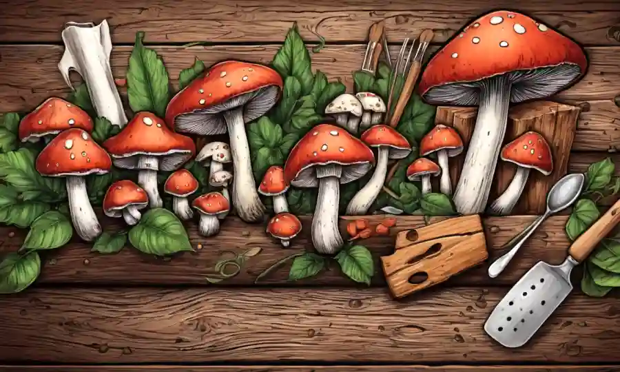 Mushrooms en tablas de madera con utensilios tradicionales y ingredientes alimenticios.