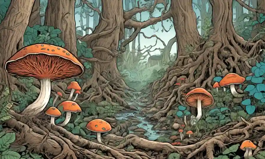 Ilustraciones de diferentes tipos de hongos formando conexiones con raíces vegetales en un ecosistema.