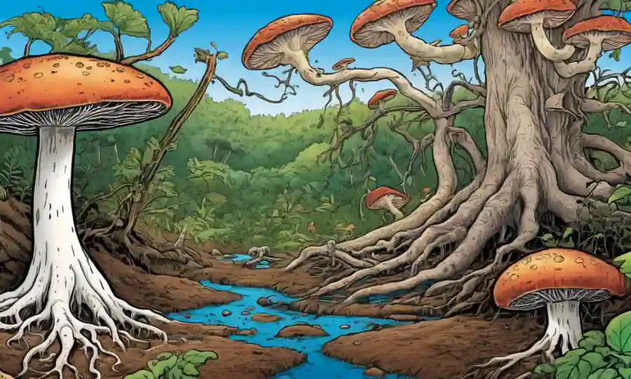 Imagen que ilustra la relación simbiótica entre hongos y raíces vegetales en un ecosistema.