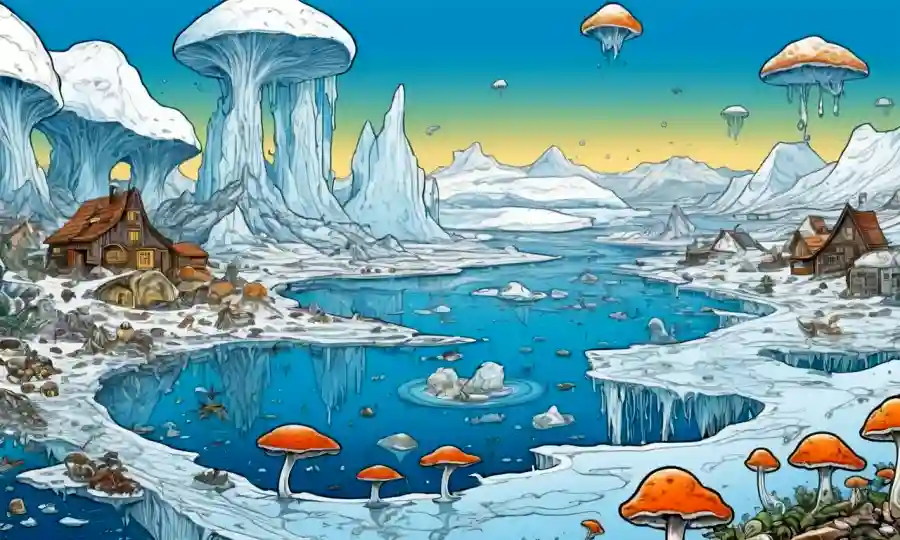 Ilustración de hongos migrando en medio de iconos relacionados con el clima (por ejemplo