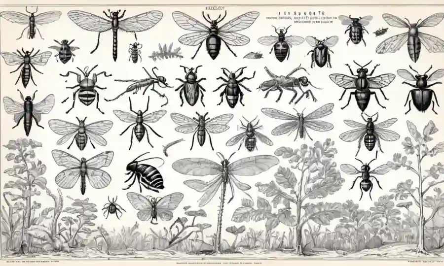 Ilustraciones científicas de insectos y árboles
