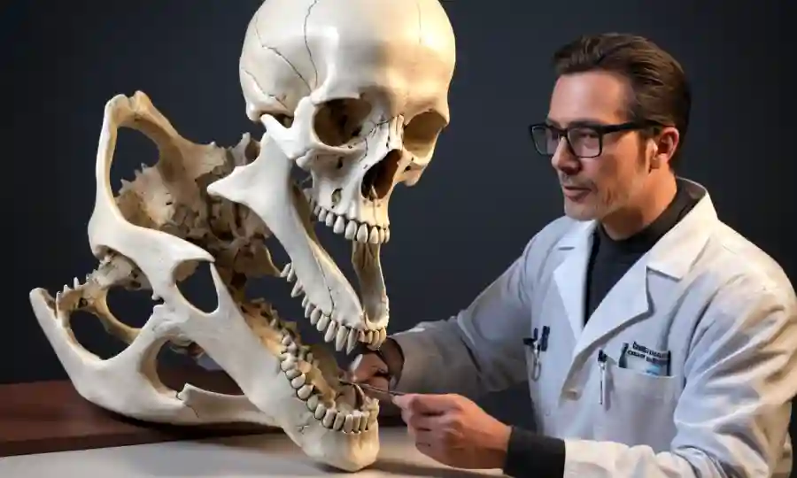 Científico estudiando un modelo 3D de una estructura de cráneo de animales.