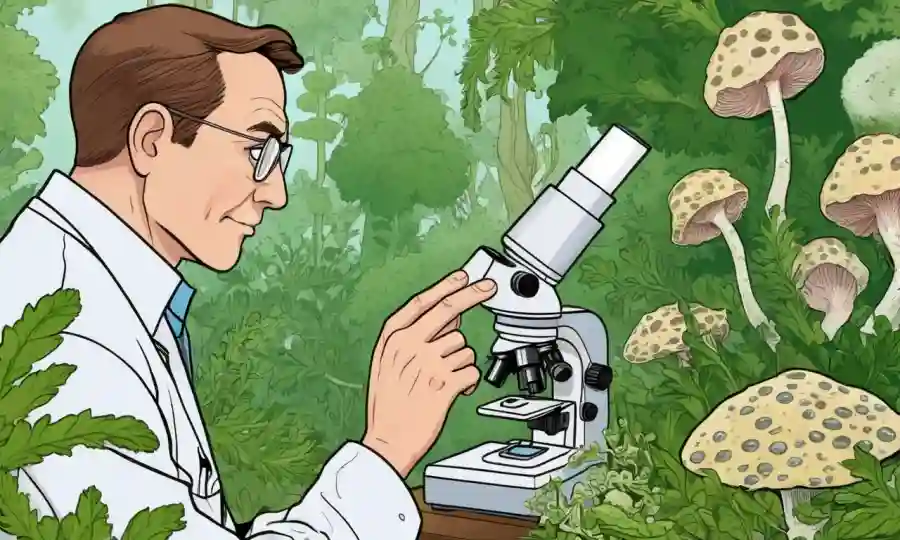 El científico examina una diapositiva de microscopio con muestras de hongos mientras que un fondo lleno de vegetación y crecimiento de micelio.