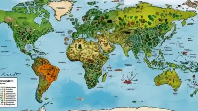 Árbol filogenético sobrelavado en un mapa mundial con especies fúngicas representadas.