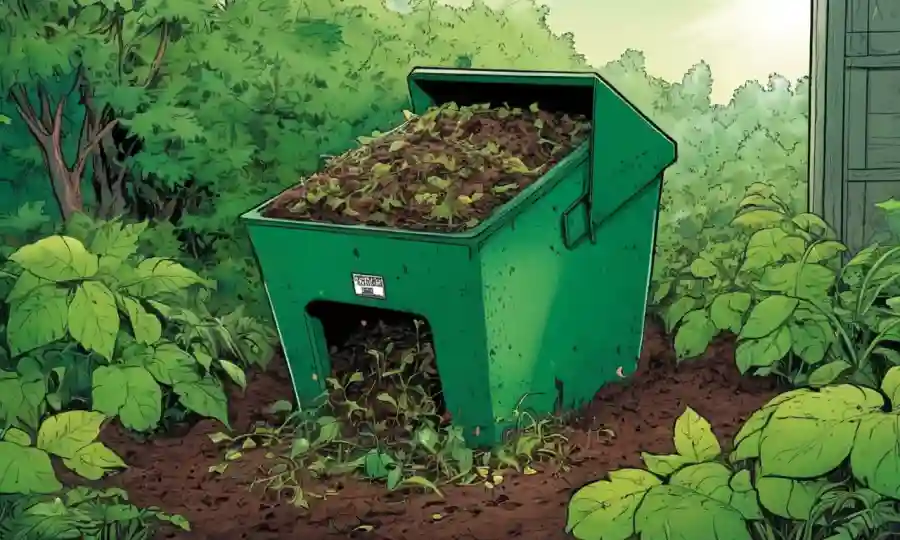 Compost bin con descomposición de residuos orgánicos en medio de vegetación.