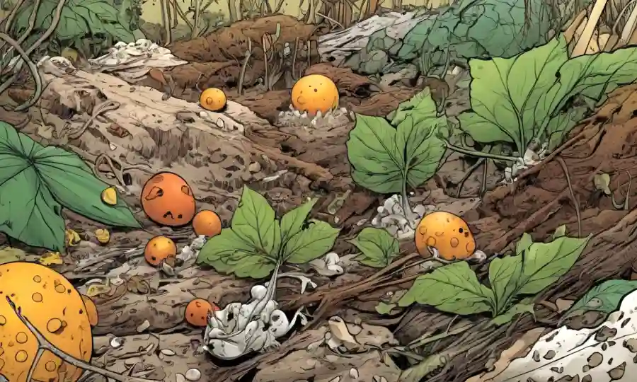 Las ilustraciones microscópicas de desechos orgánicos que se descomponen en un entorno natural.