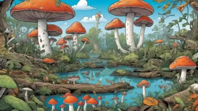 Ilustración de hongos interconectados con varias especies animales en un rico ecosistema.