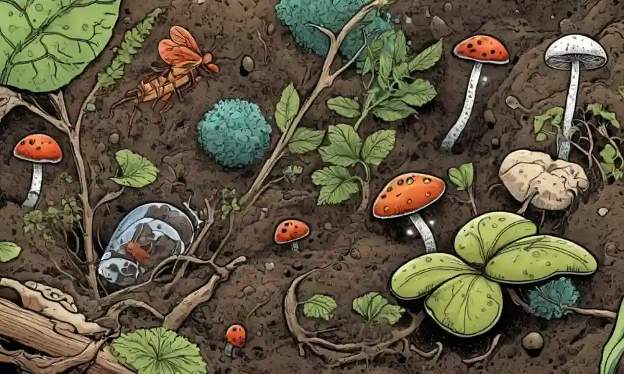 hongos e insectos microscópicos interactuando en entornos de suelo o plantas.