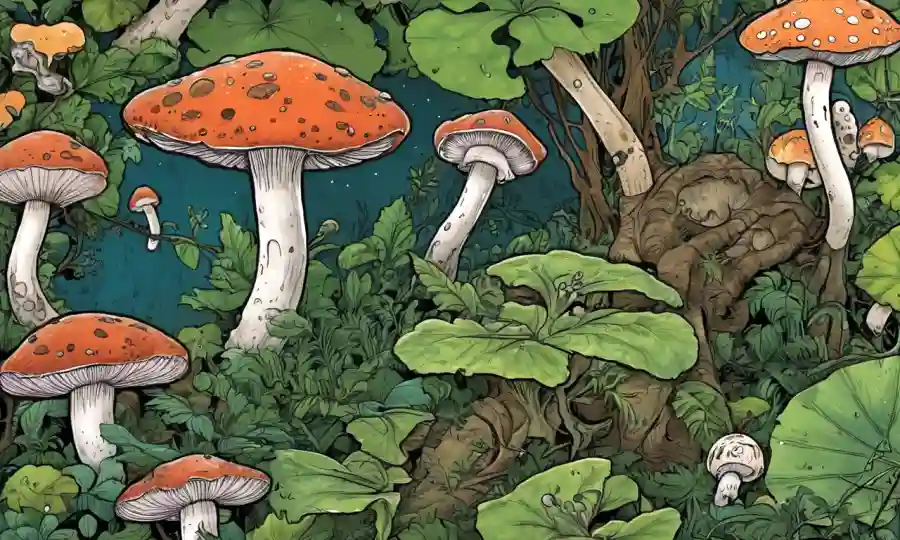 Ilustraciones de diferentes relaciones simbióticas animales-fungus en la naturaleza.